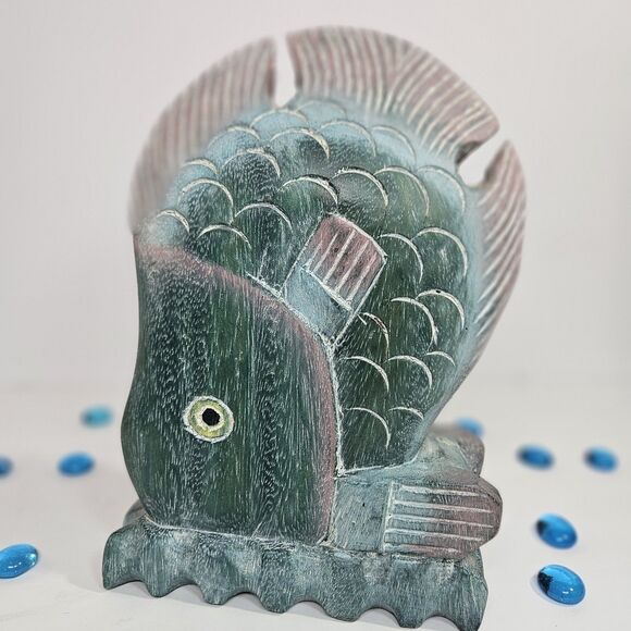 Vtg Nautical Hand Carved Thailand Wood Tropical Fish Hand Painted 3D Green Pink - Picture 3 of 12